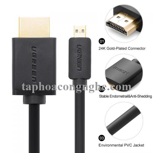 Ugreen 30104 3M màu Đen Cáp chuyển đổi Micro HDMI sang HDMI thuần đồng HD127 30030104